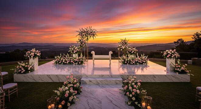 Stunning Wedding Ceremony Setup at Sunset with Mountain View - Powered by Adobe
