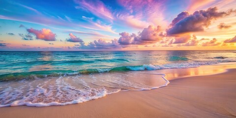 Azure ocean waves gently lapping against the shore of a serene pink beach at sunset
