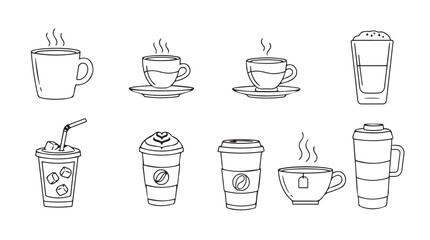 Sketchy coffee drinks collection featuring hot and cold beverages in cups and takeaway containers silhouette
