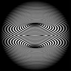 Op art, optical art sphere, hypnotic distorted lines background. Black and white tunnel wallpaper. Psychedelic twisted stripes pattern. Template for posters, banners, cover. Vector optical illusion