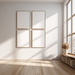 Four Vertical Poster Frames in Scandinavian Room with Window Light, Product Mockup Template