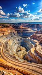 Panoramic view of vast open-pit mine with large ore deposits and mining equipment