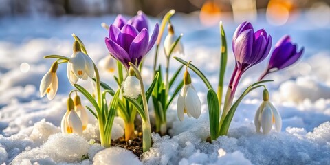 crocuses and snowdrops emerging from melting snow
