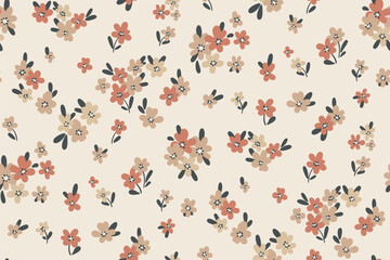 Seamless floral pattern, liberty ditsy print of simple small chamomiles in neutral natural colors. Cute botanical design of tiny hand drawn daisy flowers, leaves, mini bouquets on beige. Vector image © Yulya i Kot