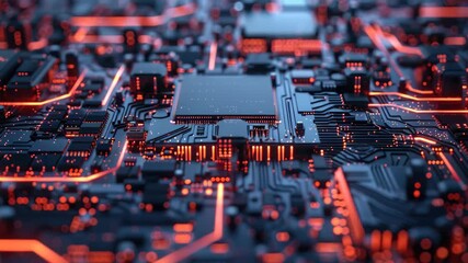 Close-up of a modern microprocessor with red accents on top, showcasing its intricate circuit design. Representing the cutting edge in technology and semiconductor engineering. - Powered by Adobe