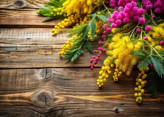 Colorful mimosa blooms scattered across a rustic wooden table
