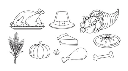 Hand drawn thanksgiving icons collection festive food and symbols outline art for seasonal celebration silhouette