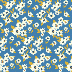 Seamless floral pattern, a ditsy liberty print with a simple cute retro motif. Graphic style botanical design of small hand-drawn white flowers and tiny leaves on a blue field. Vector illustration.
