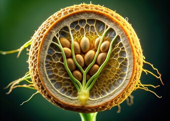 microscopic close-up of a seed's internal structure with visible embryo and root formation