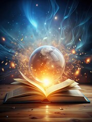 A glowing sphere slowly rises from the pages of an open book