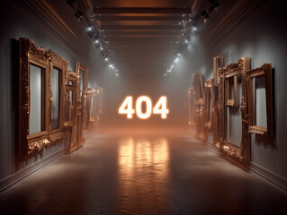 Naklejka premium A surreal, dreamlike art gallery with empty, ornate frames hanging askew on walls, and a single, glowing 