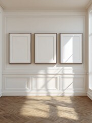 Triptych of Three Blank Framed Posters on White Gallery Wall, Minimalist Art Mockup