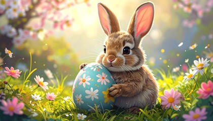 Cute bunny holding Easter egg in a spring garden