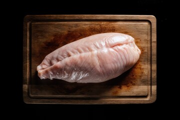 Raw chicken fillet on a cutting board on a black background. Preparation for cooking. Top view copy space.
