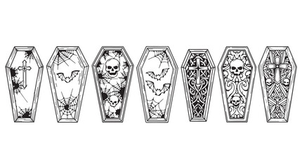 Collection of ornate hand-drawn coffins featuring skulls and gothic embellishments for halloween silhouette