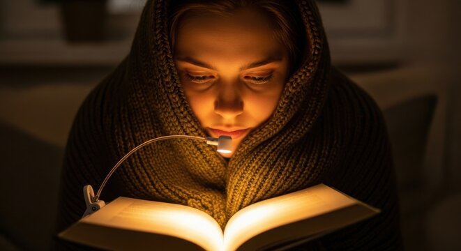 Cozy reading under warm light with an open book and blanket