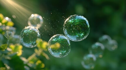 Shiny green bubbles floating near wet plant leaves with bright sunlight rays