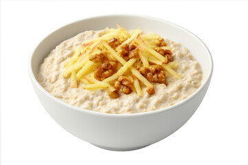 Oatmeal with apples and walnuts, isolated on transparent background.