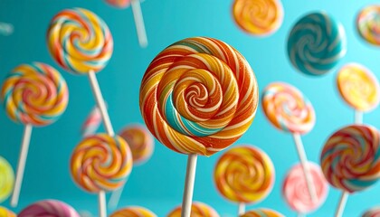  colorful lollypop and candies are floating in the air