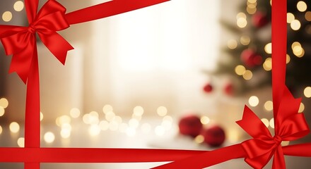 Elegant christmas frame with red ribbon and bows, creating a festive border for holiday greetings and celebrations with blurred background