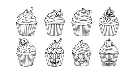 Set of hand drawn halloween themed cupcakes in sketchy line art style for festive celebration silhouette