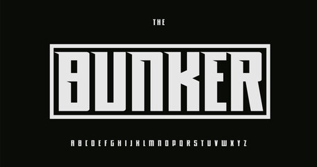 High Bold Military Gaming Font, Heavy Block Alphabet Strong Letters. Display Typeface for Esports Logo and Headline, Bunker Game Typography. Modern Brutalist Typographic Design. Vector Typeset