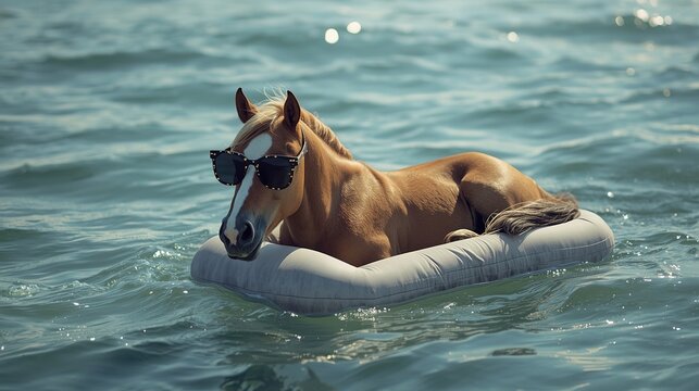 A horse sporting stylish sunglasses is lounging in a colorful pool float surrounded by tranquil water. It appears to enjoy a warm, sunny day by the beach.