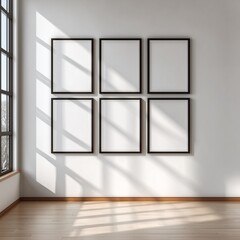 Six Vertical Black Wooden Frames on White Gallery Wall, Minimalist Art Mockup