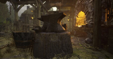 At dusk, an old forge stands amidst a misty landscape. The ambient glow from the building highlights the craftsmanship of tools arranged near a sturdy anvil.
