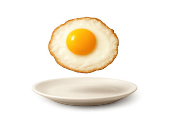 Perfectly fried sunny side up egg floating above white plate, transparent background