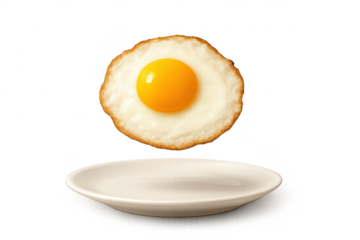 Perfectly fried sunny side up egg floating above white plate, transparent background