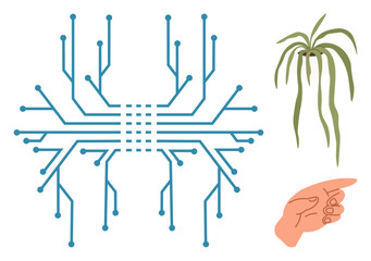 Circuit board branches symbolize technology alongside a minimalist plant and pointing hand. Ideal for nature-tech fusion, sustainability, innovation, environmental science, growth, guidance, simple