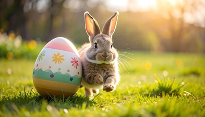 Cute bunny near Easter egg in park
