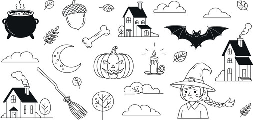 Spooky Halloween Line Art Collection Witch, Pumpkin, and Haunted Houses