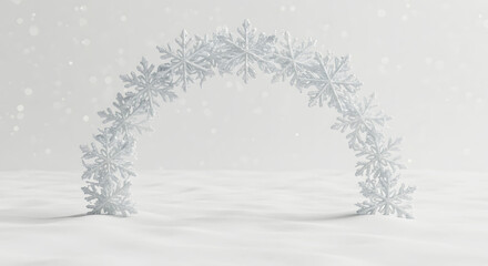 Snowflake arch decoration on white snowy background in winter