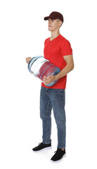 Delivery man with cooler bottle of water on white background
