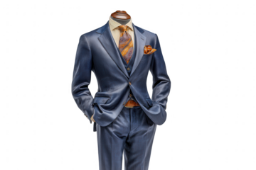 Elegant blue three piece suit with paisley tie and pocket square isolated on transparent background