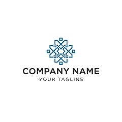 Blue geometric symmetrical logo design with abstract star or knot pattern above company name and tagline text.
