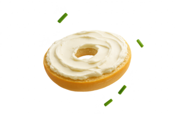 Fresh bagel with creamy cream cheese and chives isolated on transparent background