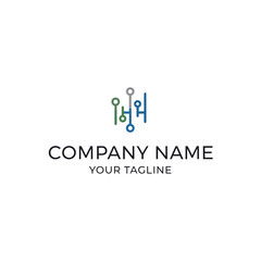 Modern abstract digital circuit logo design with connected lines and circles in green and blue, representing technology and data flow for a company brand.