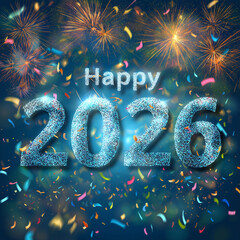 Shimmering Digital "2026" Display with Confetti and Fireworks for Joyful New Year Celebration in 2026