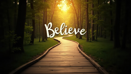 Believe inspirational quote wooden path forest sunlight motivation nature morning peaceful hope. word Believe glows above winding wooden path through sunlit forest evoking hope and motivation
