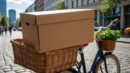 Photo of a brown cardboard box sits in a wicker basket on the front of a bicycle parked on a cobblestone street