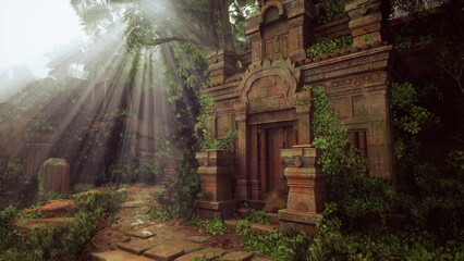 a forest scene with sunlight streaming through the trees.