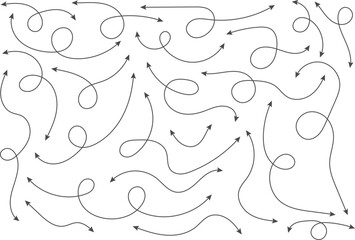 Dual sided Hand drawn curve line arrow. Double side curved outline arrows set. two side Wavy line arrow collection. zigzag arrows