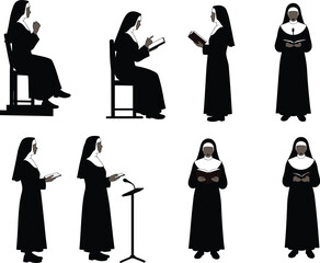 A collection of silhouettes of a nun in religious habits, praying, holding a cross, and speaking at a lectern on a white background.