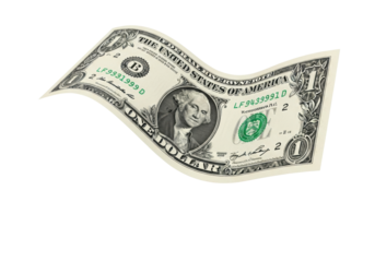 Crisp US one-dollar bill, George Washington portrait, treasury seal, floating on a pure transparent background, copy space. Finance and wealth concept