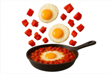 Vibrant fried eggs and diced tomatoes for shakshuka isolated on transparent background