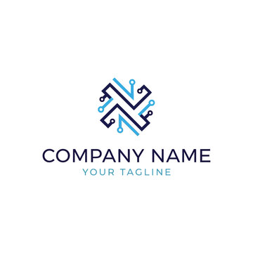 A modern logo design featuring a stylized letter 'N' integrated with circuit board elements, representing technology.