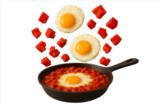 Vibrant fried eggs and diced tomatoes for shakshuka isolated on transparent background